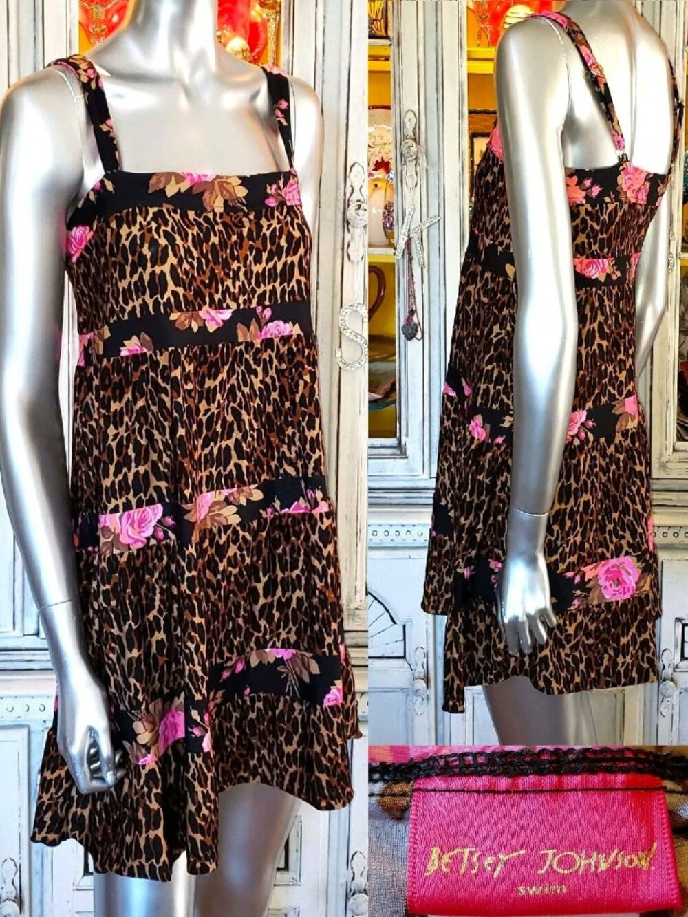 Vintage Betsey Johnson Gypsy Rose Leopard Pink Floral Bikini Swim Coverup Dress